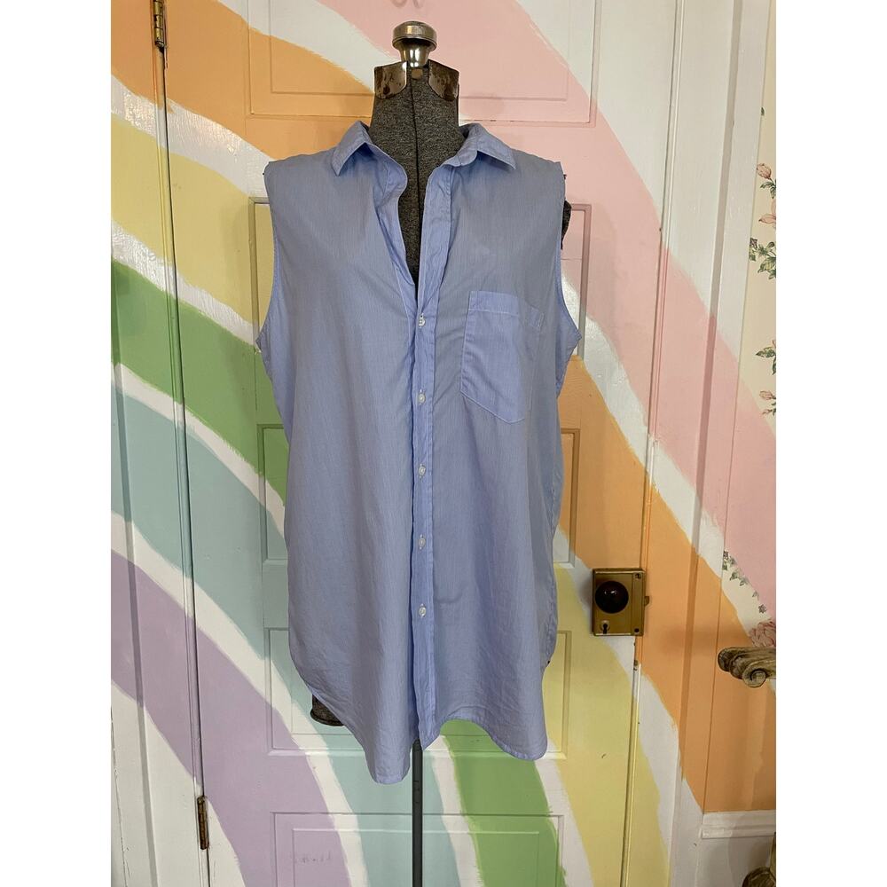 Frank & Eileen Finley Sleeveless Button Shirt Blue Stripe Italian Cotton L